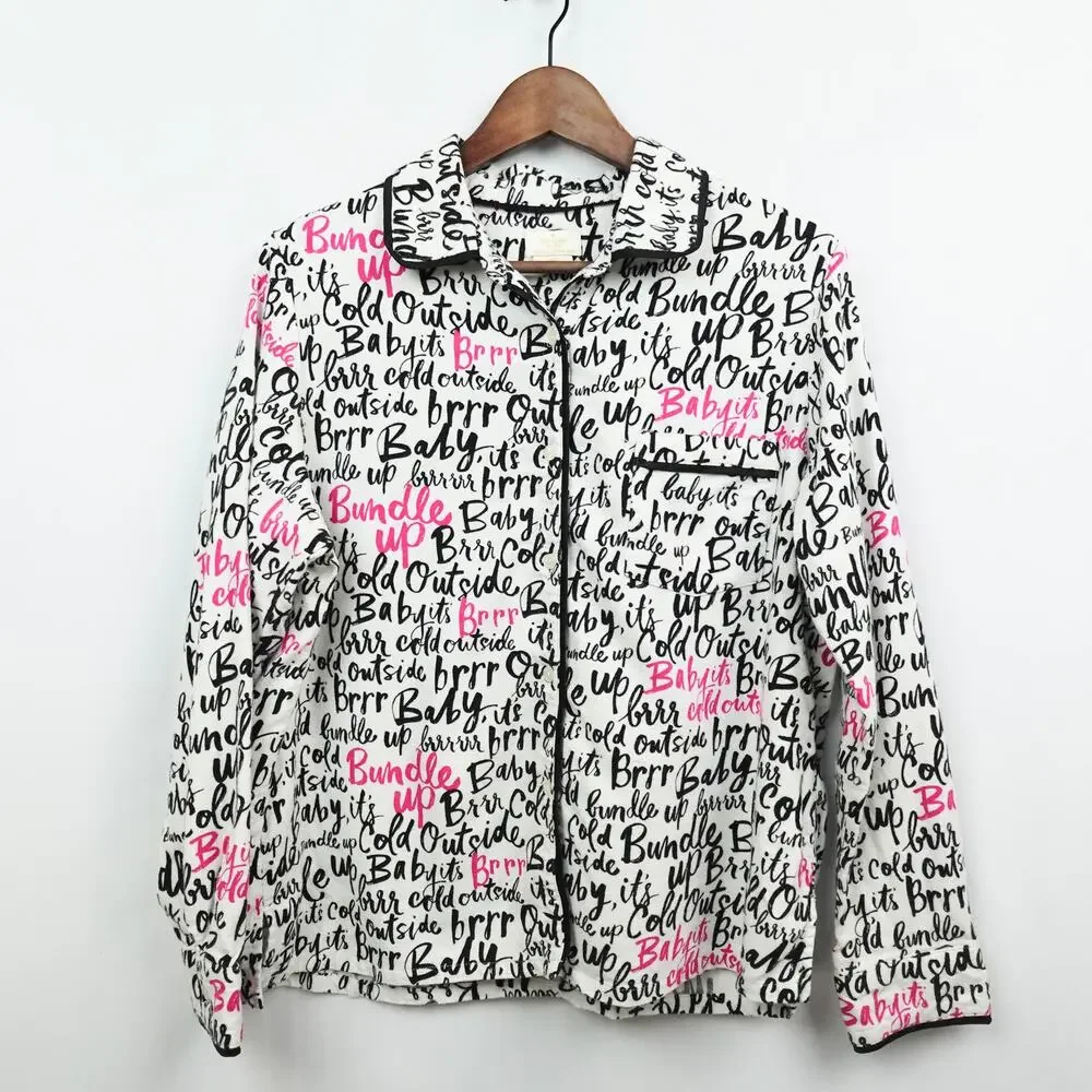 Kate Spade Pajama Top Sz L Flannel White Black Pink Baby It’s‎ Cold Script Font